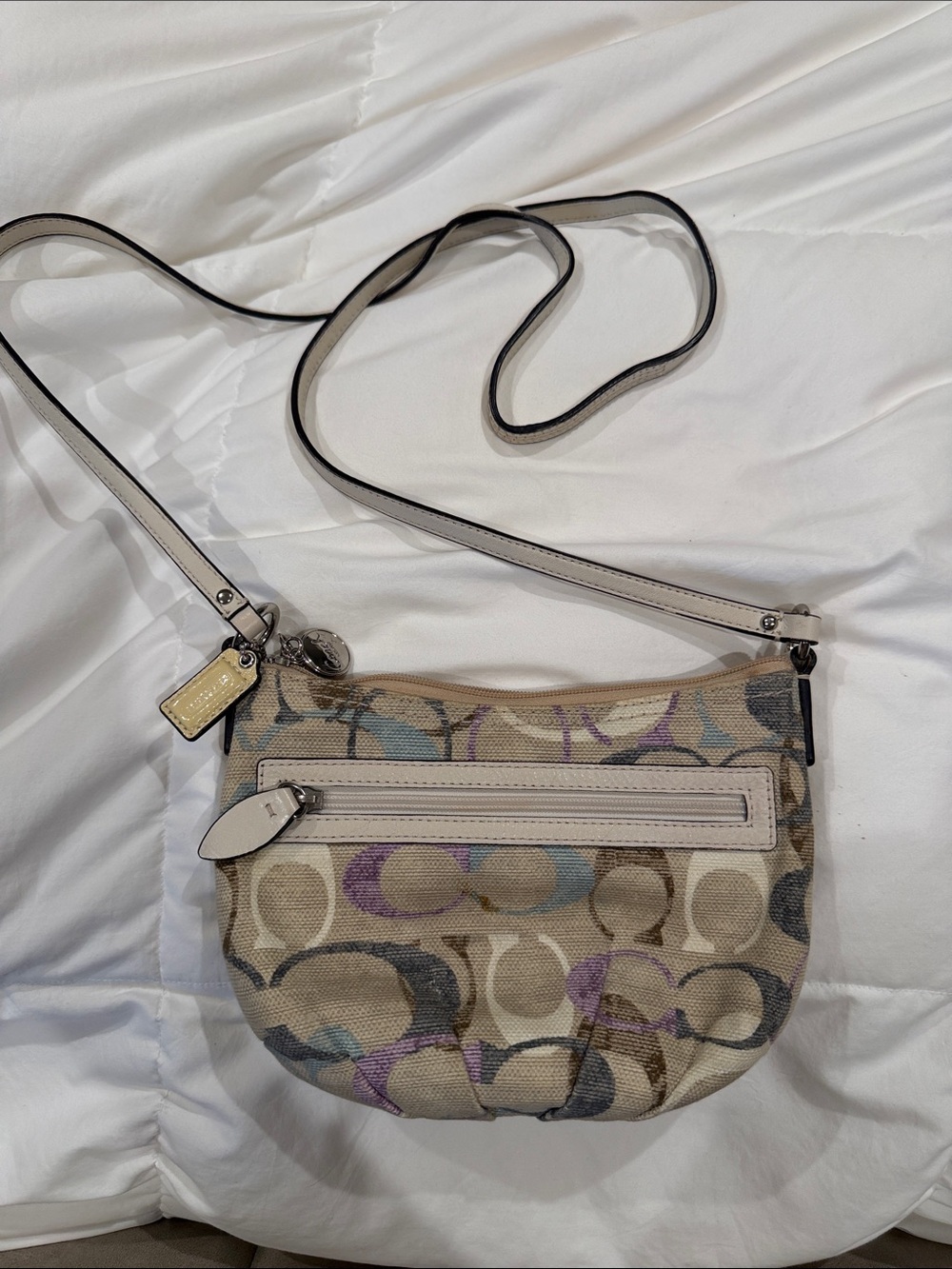Coach Crossbody Bag in Beige Canvas with Blue and Purple Accents